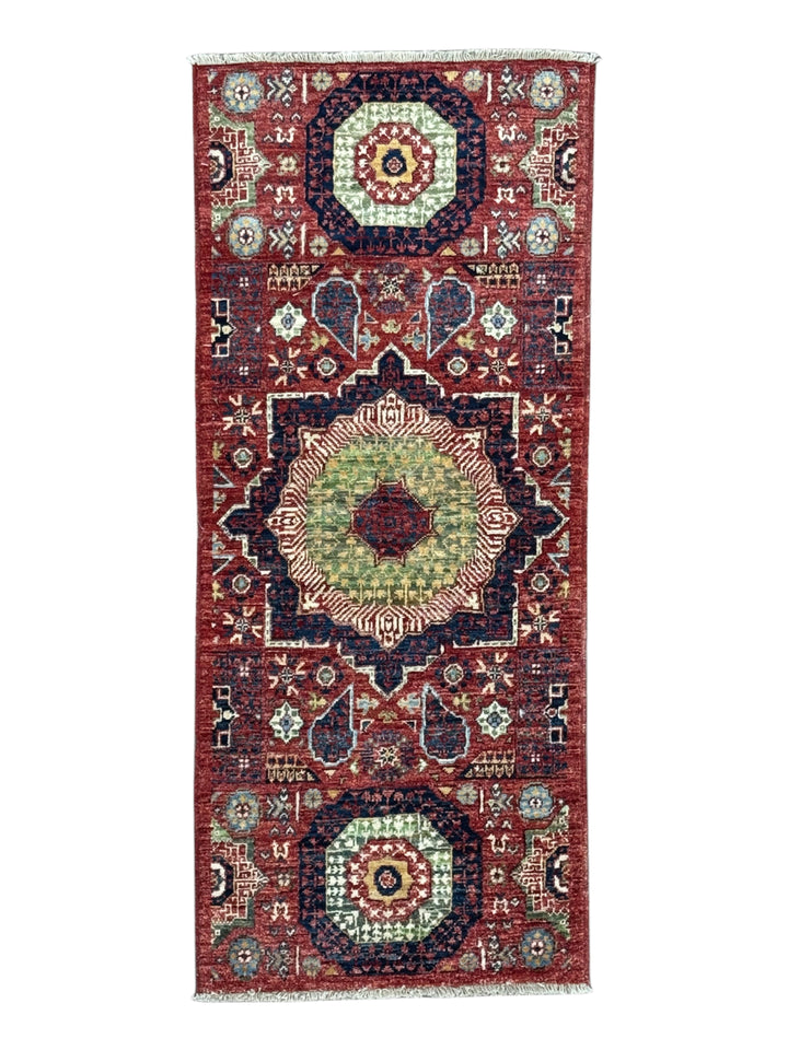 Rust Red, Navy &amp; Sage Green Geometric Medallion Wool Rug – 2’0” x 4’9”