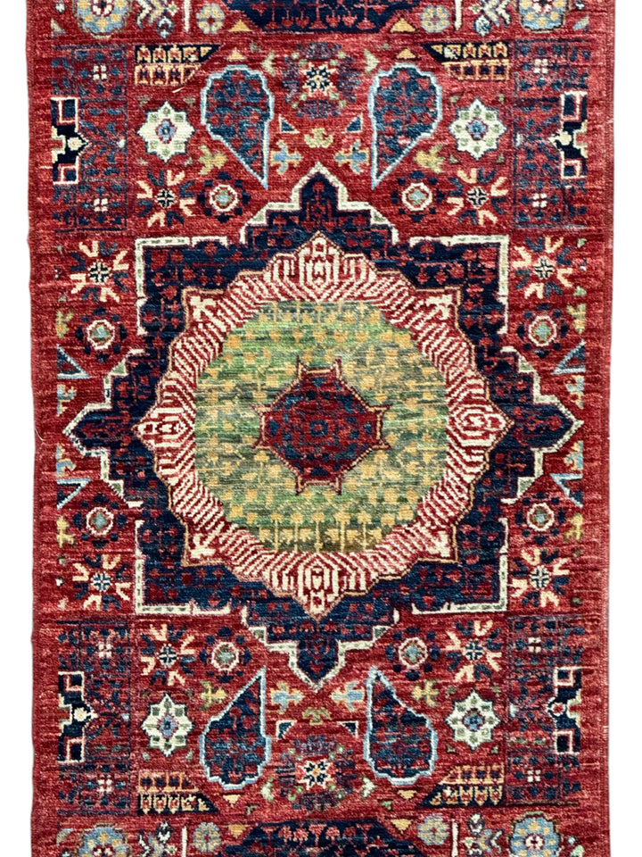 Rust Red, Navy &amp; Sage Green Geometric Medallion Wool Rug – 2’0” x 4’9”