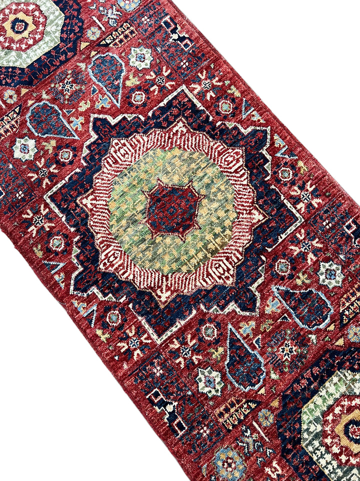 Rust Red, Navy &amp; Sage Green Geometric Medallion Wool Rug – 2’0” x 4’9”