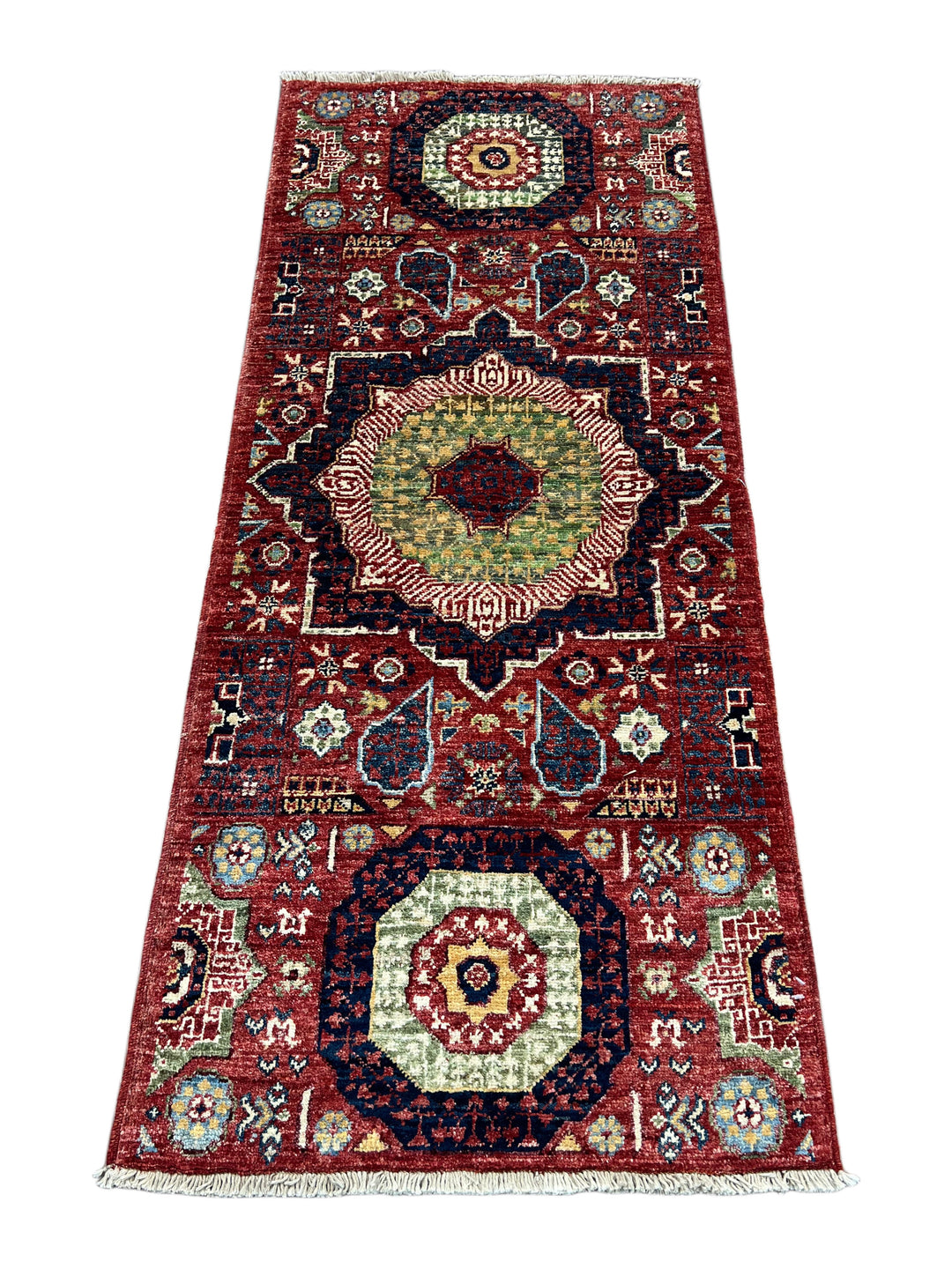 Rust Red, Navy &amp; Sage Green Geometric Medallion Wool Rug – 2’0” x 4’9”