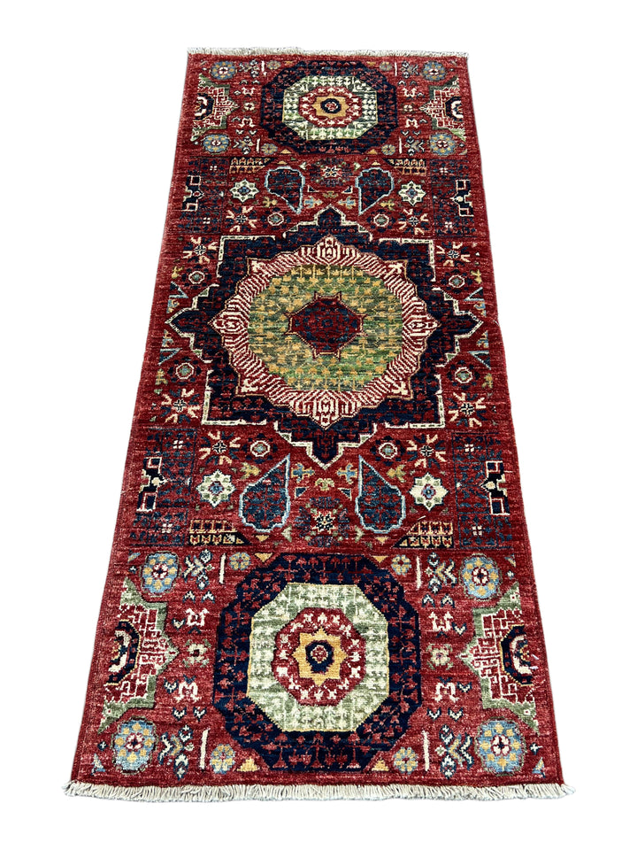 Rust Red, Navy &amp; Sage Green Geometric Medallion Wool Rug – 2’0” x 4’9”