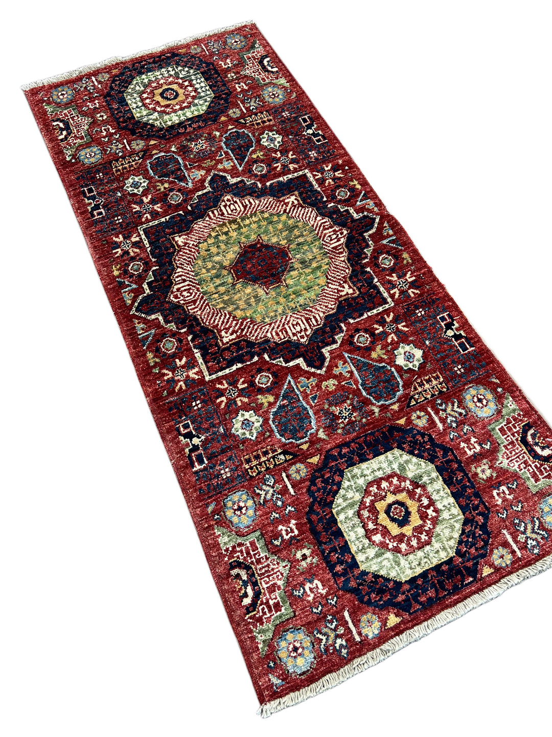 Rust Red, Navy &amp; Sage Green Geometric Medallion Wool Rug – 2’0” x 4’9”