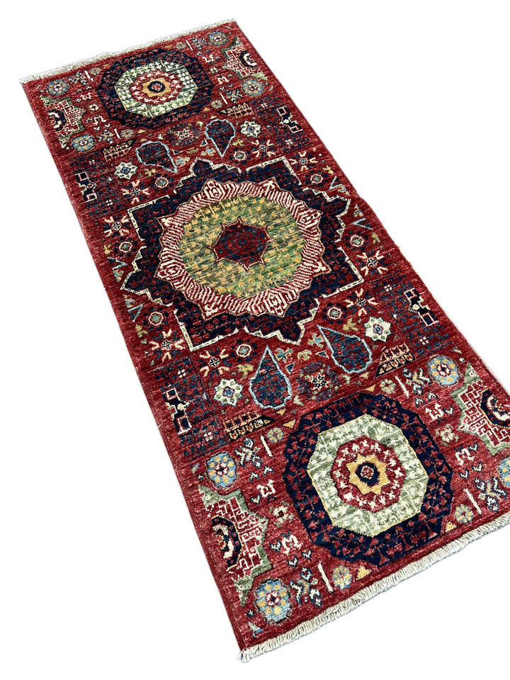 Rust Red, Navy &amp; Sage Green Geometric Medallion Wool Rug – 2’0” x 4’9”