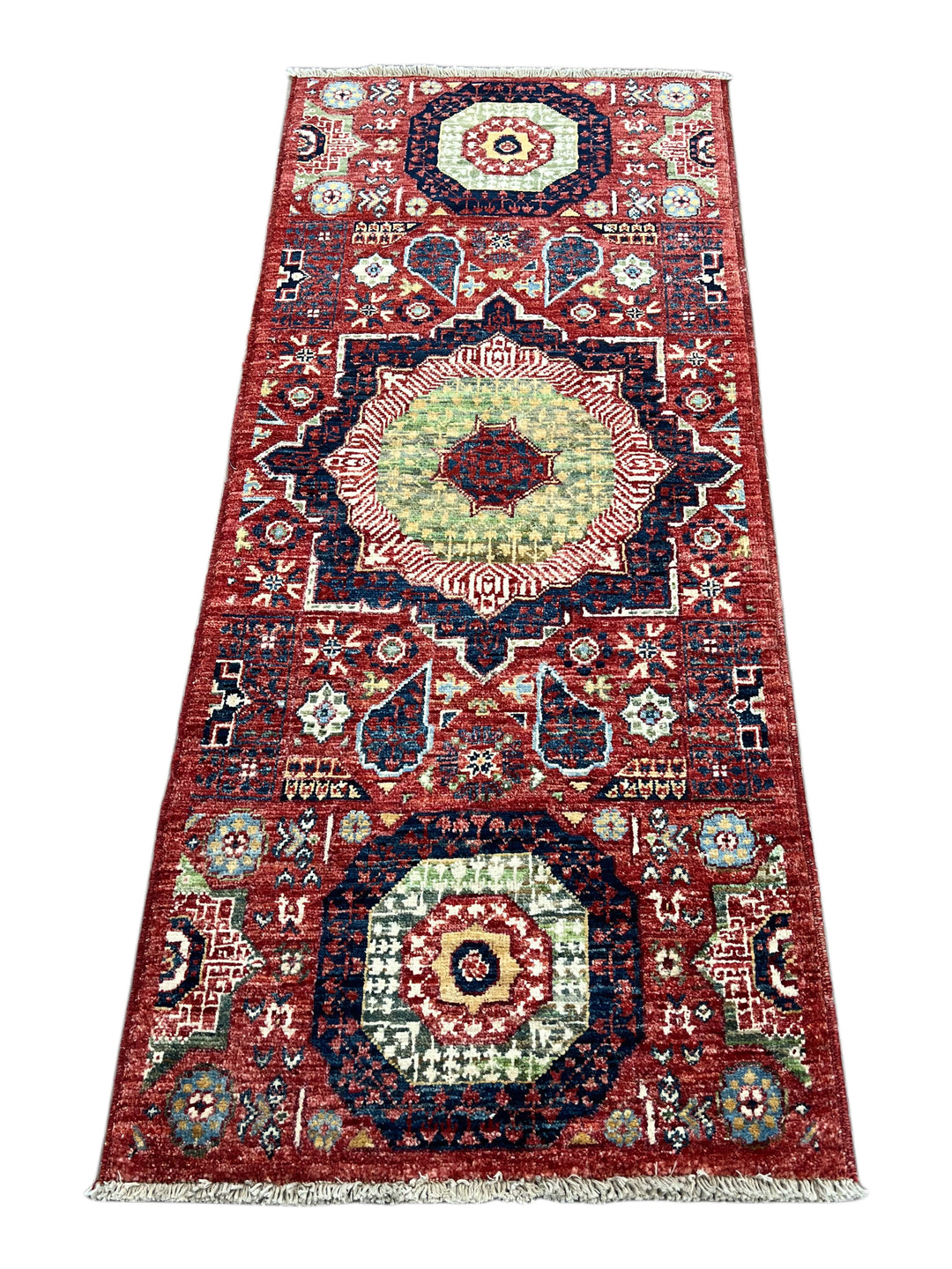 Rust Red, Navy &amp; Sage Green Geometric Medallion Wool Rug – 2’0” x 4’9”