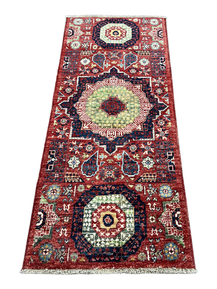 Rust Red, Navy &amp; Sage Green Geometric Medallion Wool Rug – 2’0” x 4’9”