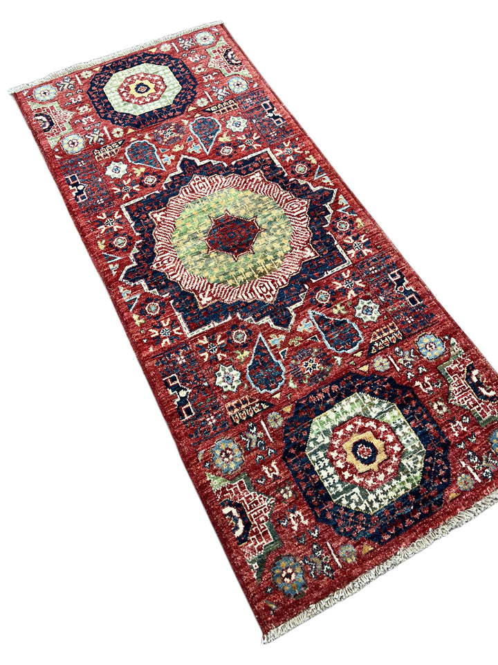 Rust Red, Navy &amp; Sage Green Geometric Medallion Wool Rug – 2’0” x 4’9”
