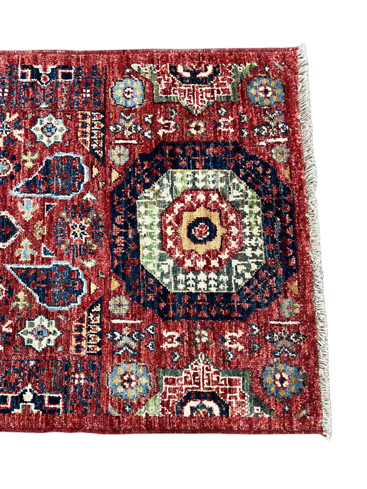 Rust Red, Navy &amp; Sage Green Geometric Medallion Wool Rug – 2’0” x 4’9”