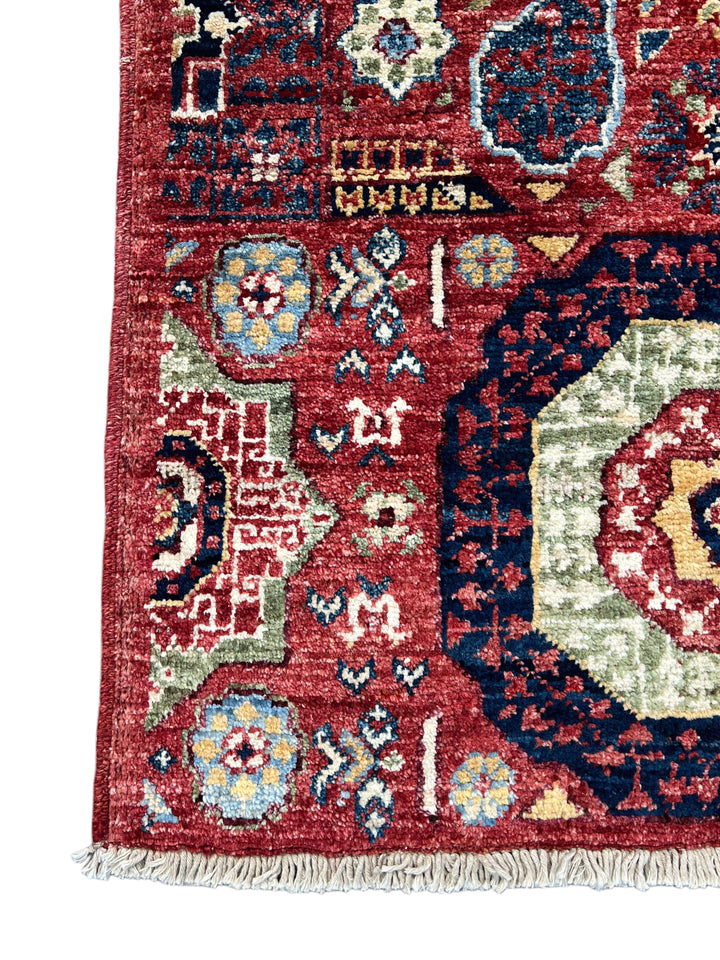 Rust Red, Navy &amp; Sage Green Geometric Medallion Wool Rug – 2’0” x 4’9”