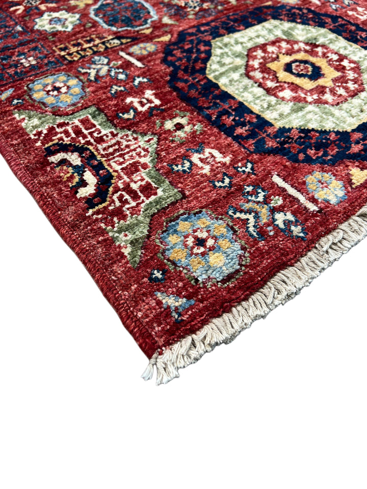 Rust Red, Navy &amp; Sage Green Geometric Medallion Wool Rug – 2’0” x 4’9”