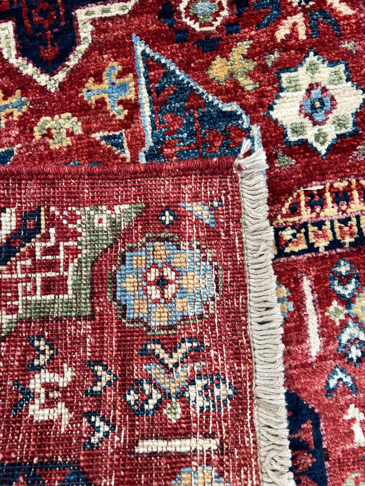 Rust Red, Navy &amp; Sage Green Geometric Medallion Wool Rug – 2’0” x 4’9”