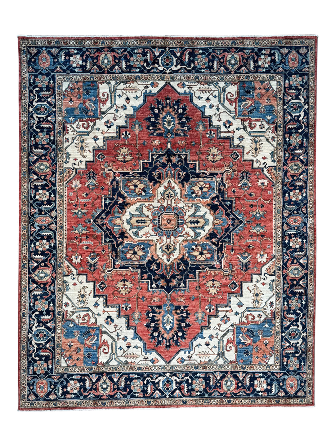 Brick Red, Navy &amp; Ivory Geometric Medallion Rug – 9’5” x 11’9”
