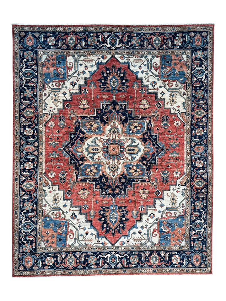 Brick Red, Navy &amp; Ivory Geometric Medallion Rug – 9’5” x 11’9”