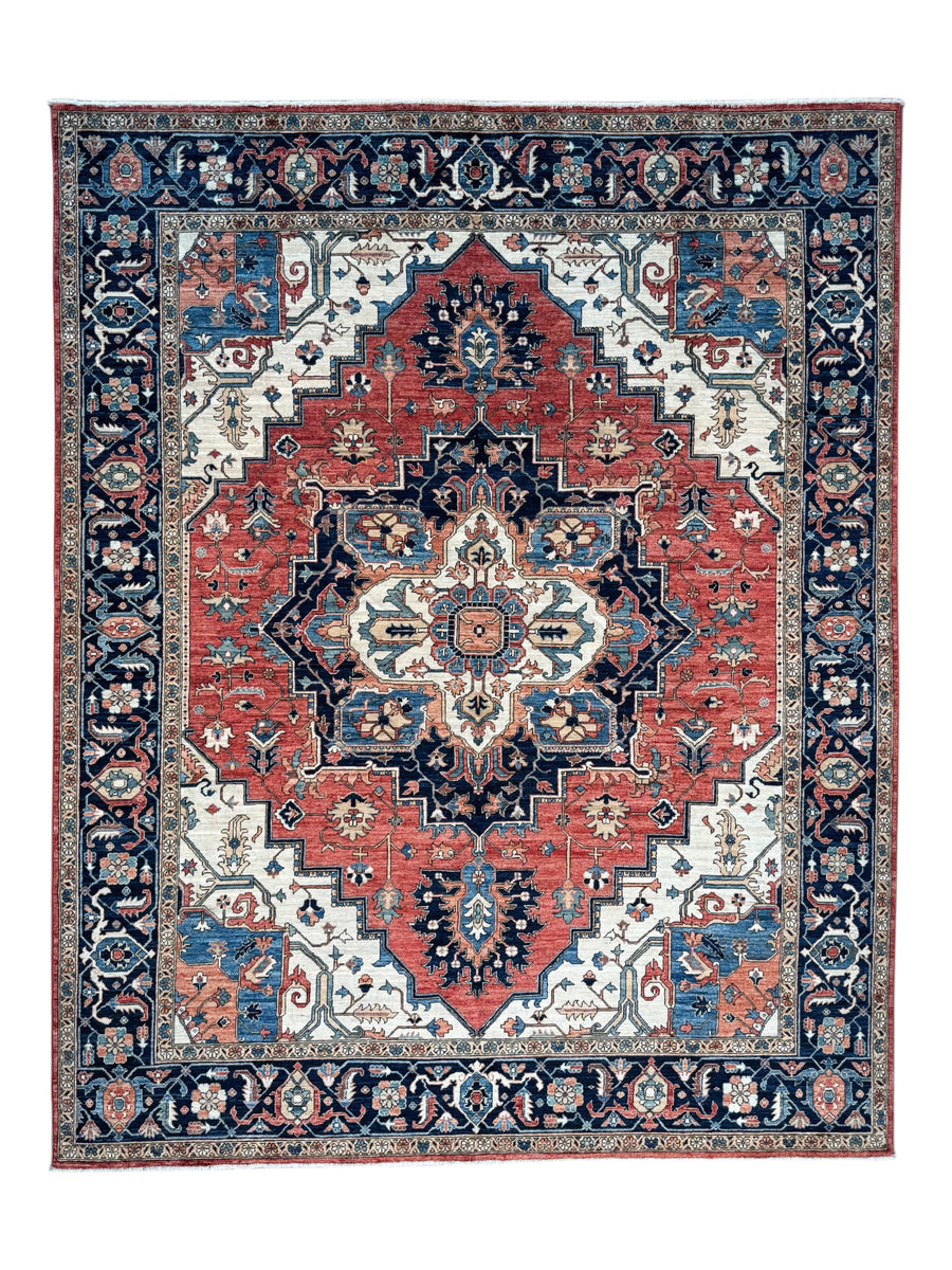 Brick Red, Navy & Ivory Geometric Medallion Rug – 9’5” x 11’9”