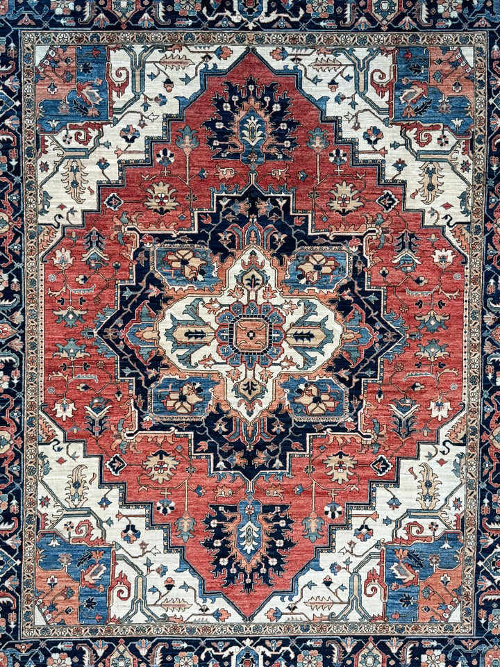 Brick Red, Navy &amp; Ivory Geometric Medallion Rug – 9’5” x 11’9”