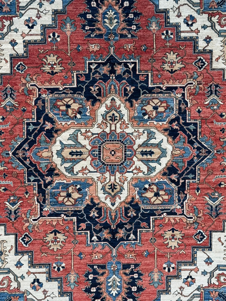 Brick Red, Navy &amp; Ivory Geometric Medallion Rug – 9’5” x 11’9”