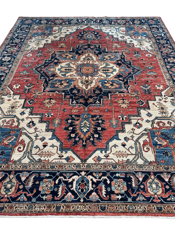 Brick Red, Navy &amp; Ivory Geometric Medallion Rug – 9’5” x 11’9”