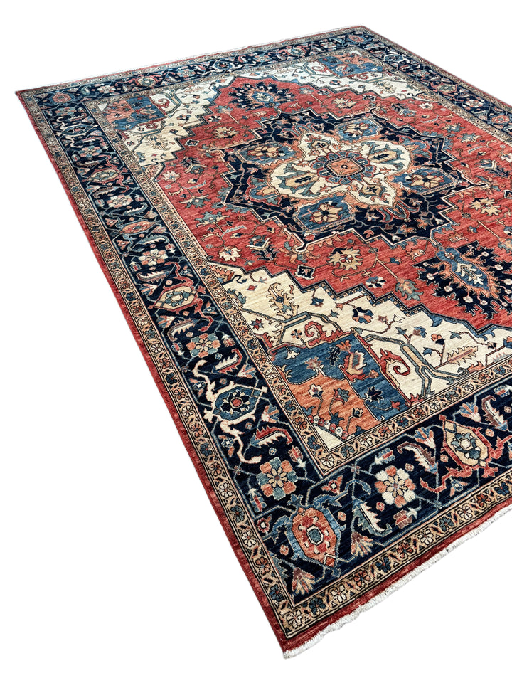 Brick Red, Navy &amp; Ivory Geometric Medallion Rug – 9’5” x 11’9”