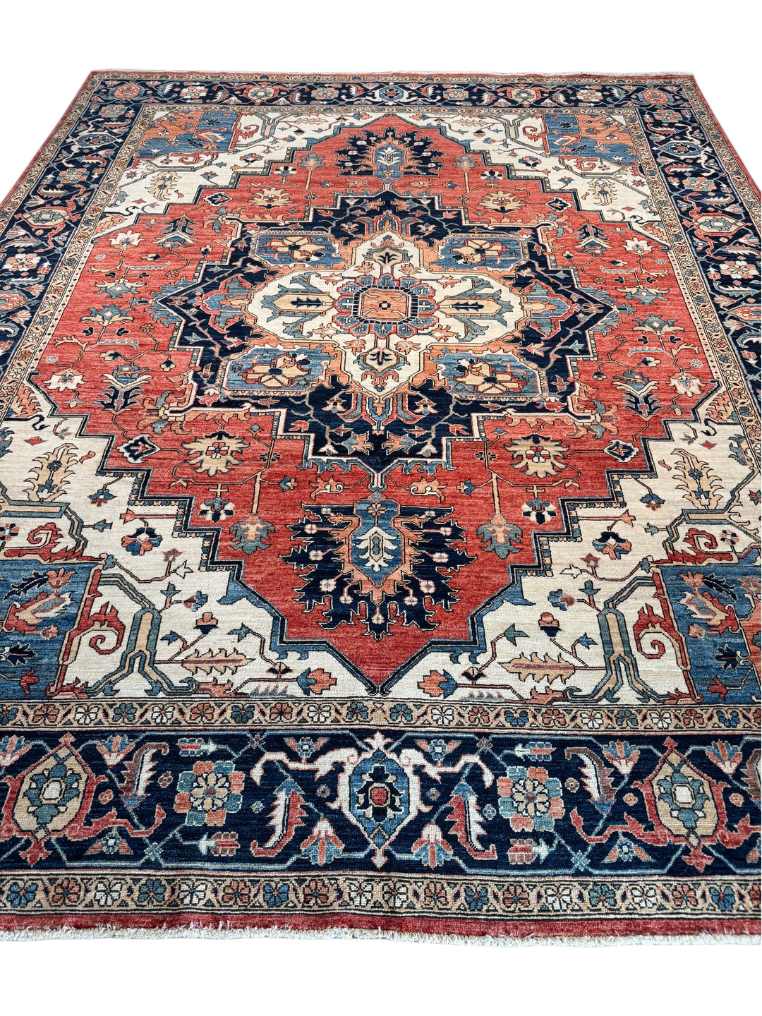 Brick Red, Navy &amp; Ivory Geometric Medallion Rug – 9’5” x 11’9”