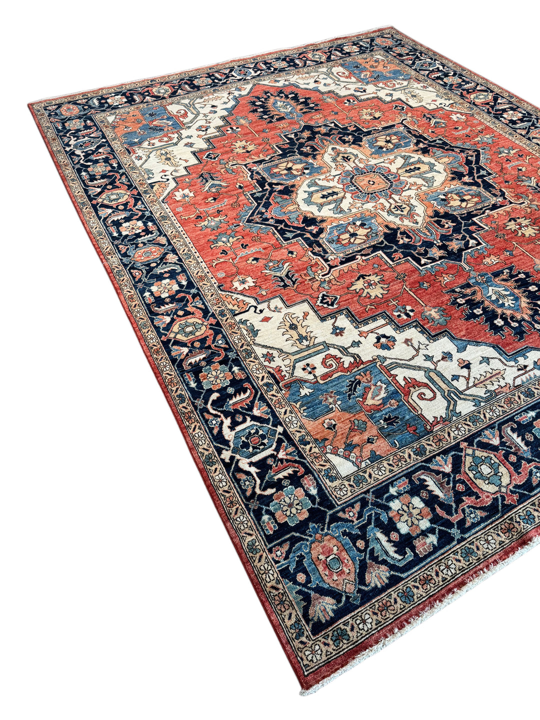 Brick Red, Navy &amp; Ivory Geometric Medallion Rug – 9’5” x 11’9”