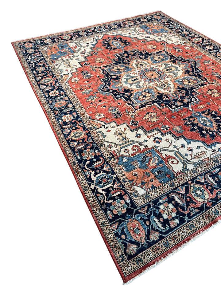 Brick Red, Navy &amp; Ivory Geometric Medallion Rug – 9’5” x 11’9”