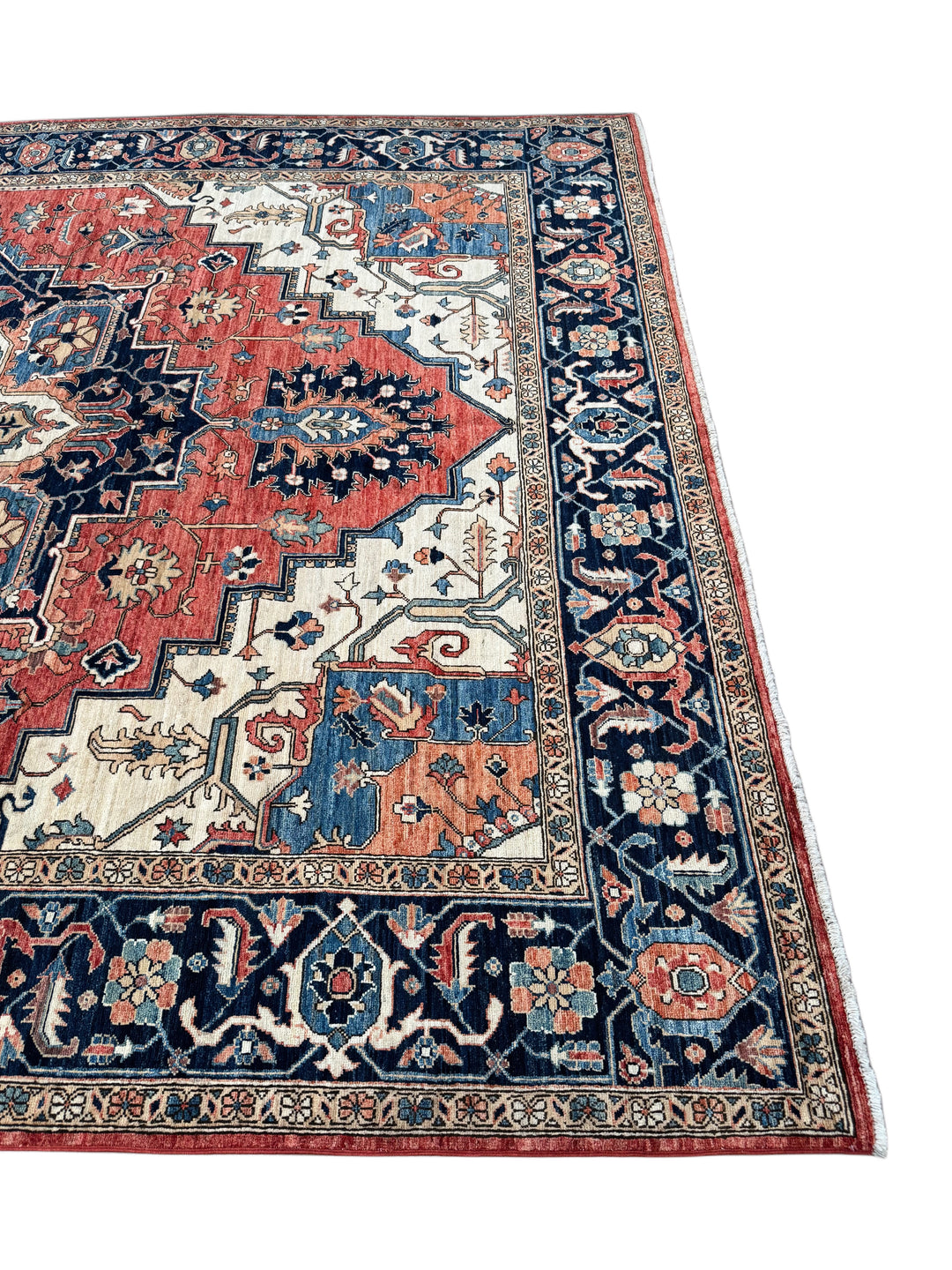 Brick Red, Navy &amp; Ivory Geometric Medallion Rug – 9’5” x 11’9”