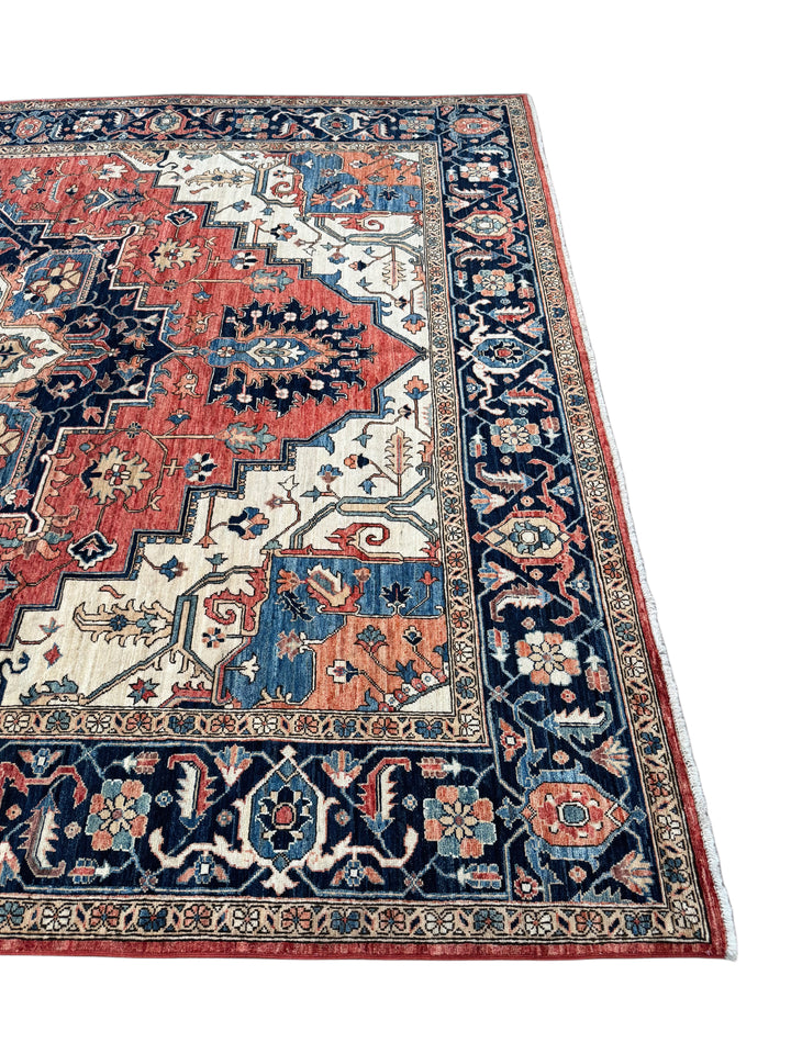 Brick Red, Navy &amp; Ivory Geometric Medallion Rug – 9’5” x 11’9”