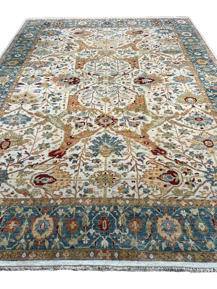 Ivory &amp; Blue Botanical Tree Design Rug – 9’11” x 13’10”