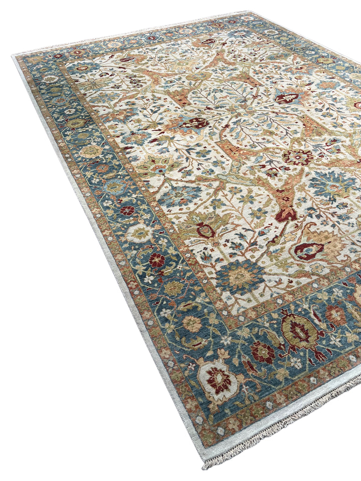 Ivory &amp; Blue Botanical Tree Design Rug – 9’11” x 13’10”