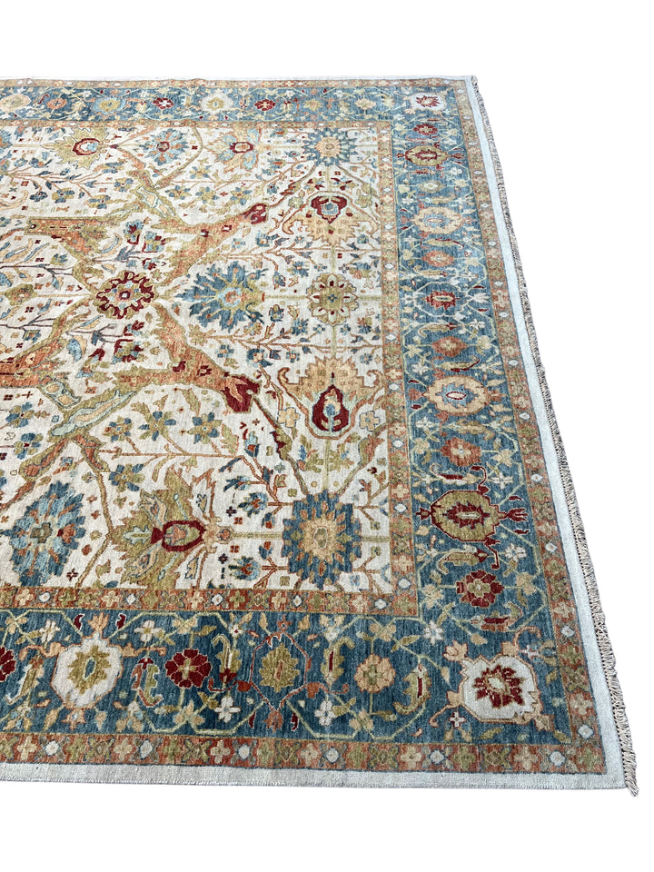 Ivory &amp; Blue Botanical Tree Design Rug – 9’11” x 13’10”