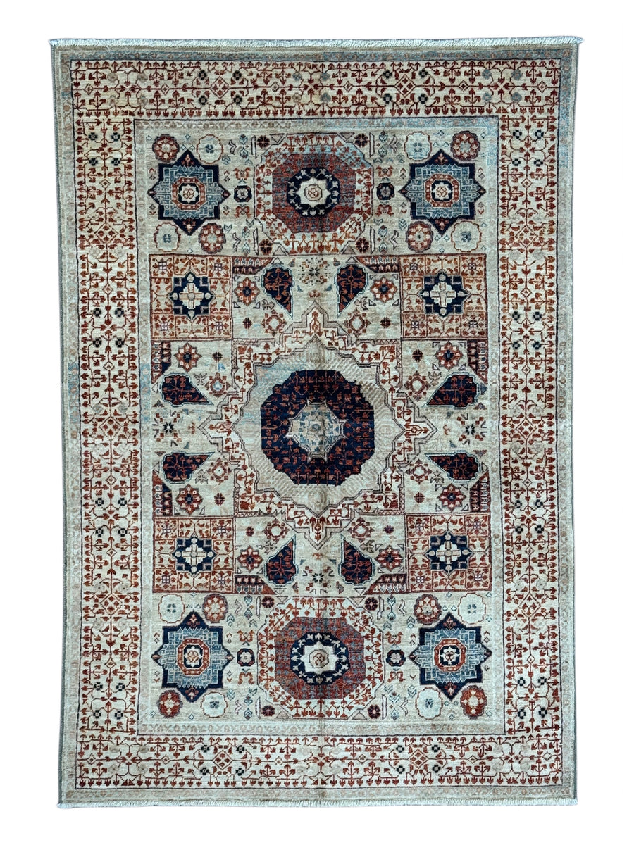 Ivory, Navy & Rust Mamluk Style Wool Rug – 4’0” x 5’10”