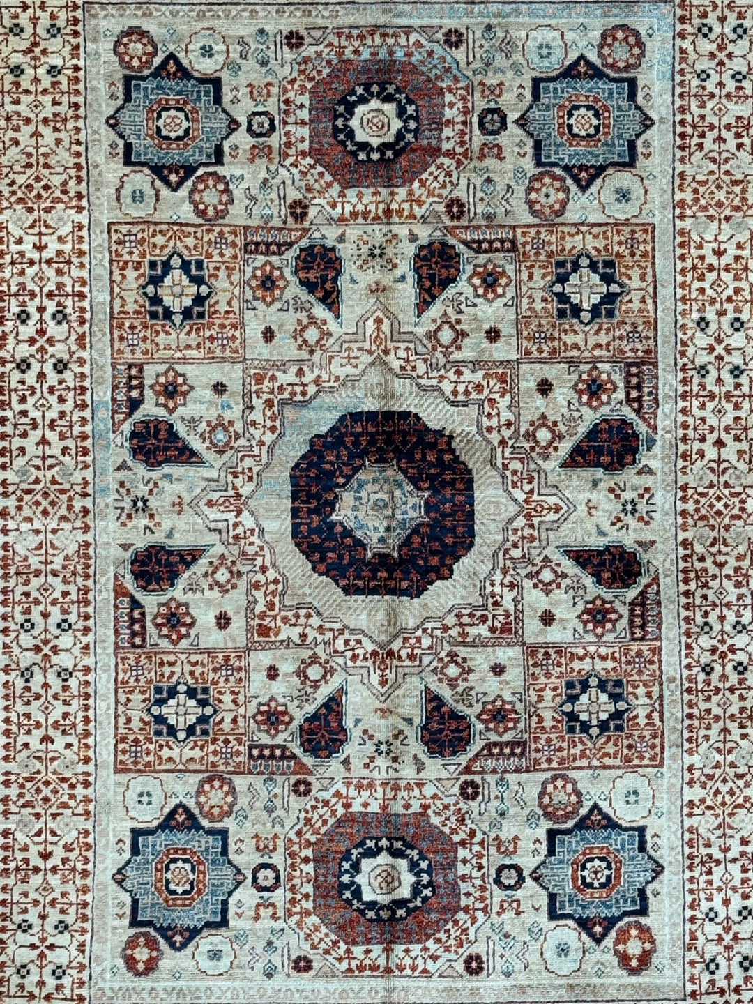 Ivory, Navy &amp; Rust Mamluk Style Wool Rug – 4’0” x 5’10”