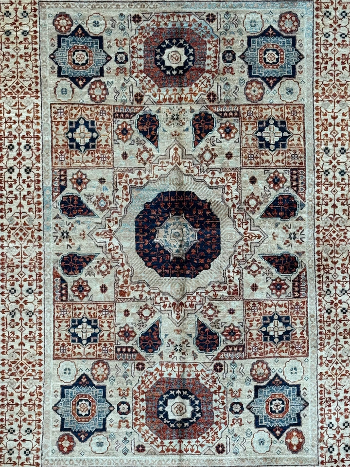 Ivory, Navy &amp; Rust Mamluk Style Wool Rug – 4’0” x 5’10”