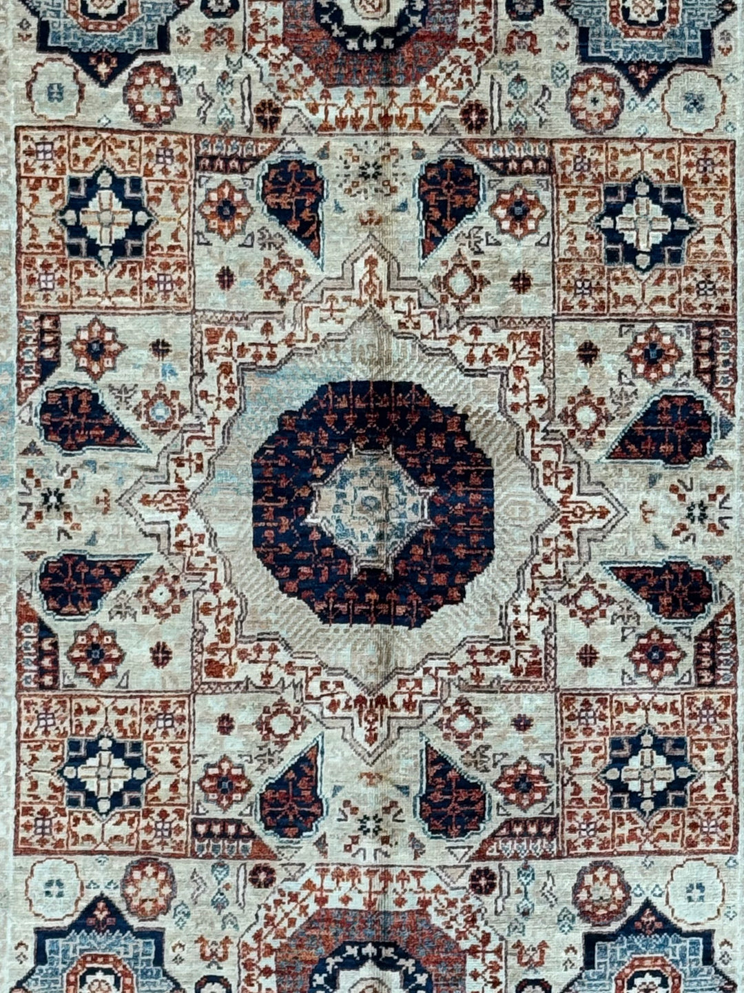Ivory, Navy &amp; Rust Mamluk Style Wool Rug – 4’0” x 5’10”