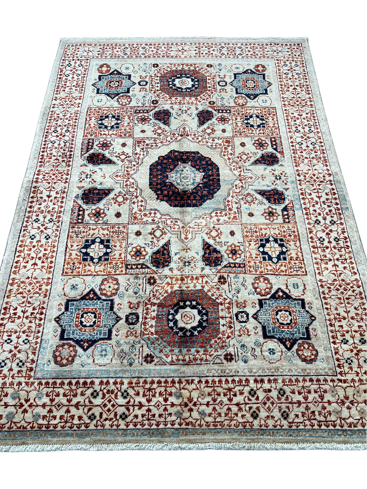 Ivory, Navy &amp; Rust Mamluk Style Wool Rug – 4’0” x 5’10”