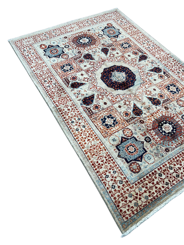 Ivory, Navy &amp; Rust Mamluk Style Wool Rug – 4’0” x 5’10”