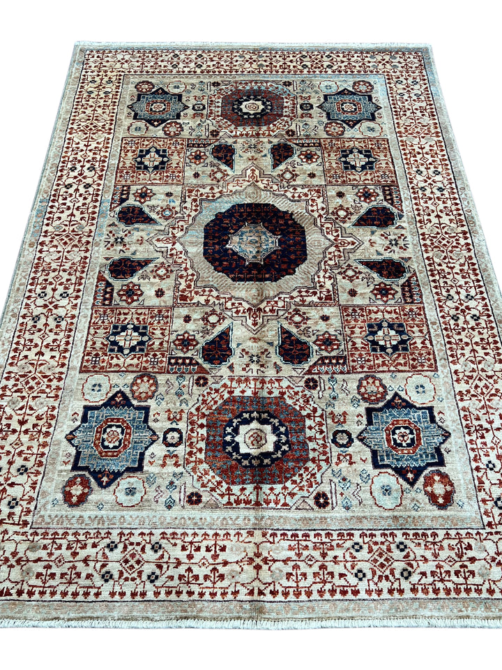 Ivory, Navy &amp; Rust Mamluk Style Wool Rug – 4’0” x 5’10”