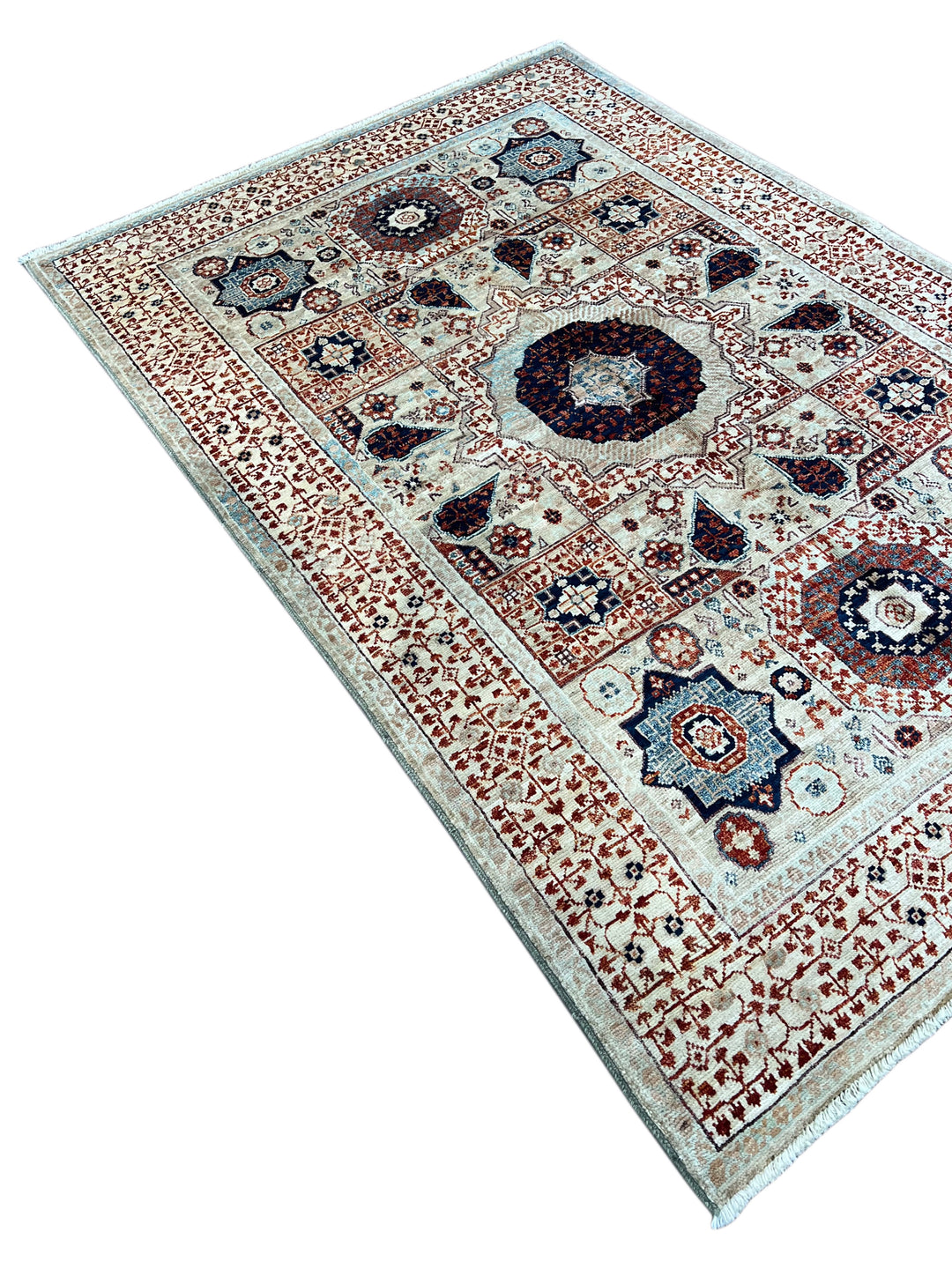 Ivory, Navy &amp; Rust Mamluk Style Wool Rug – 4’0” x 5’10”