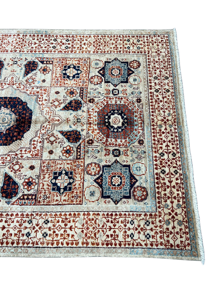 Ivory, Navy &amp; Rust Mamluk Style Wool Rug – 4’0” x 5’10”