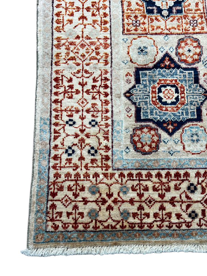 Ivory, Navy &amp; Rust Mamluk Style Wool Rug – 4’0” x 5’10”