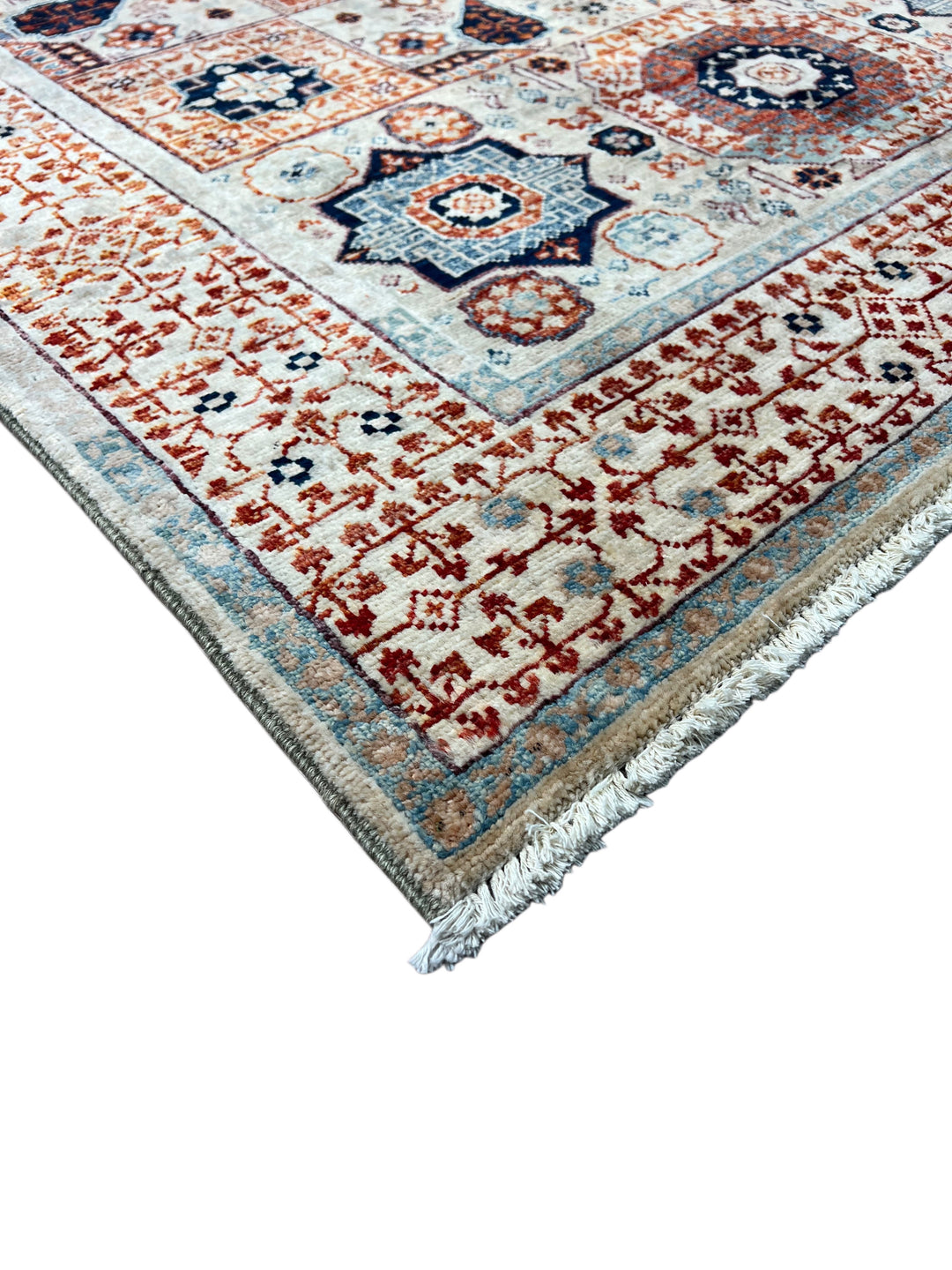Ivory, Navy &amp; Rust Mamluk Style Wool Rug – 4’0” x 5’10”