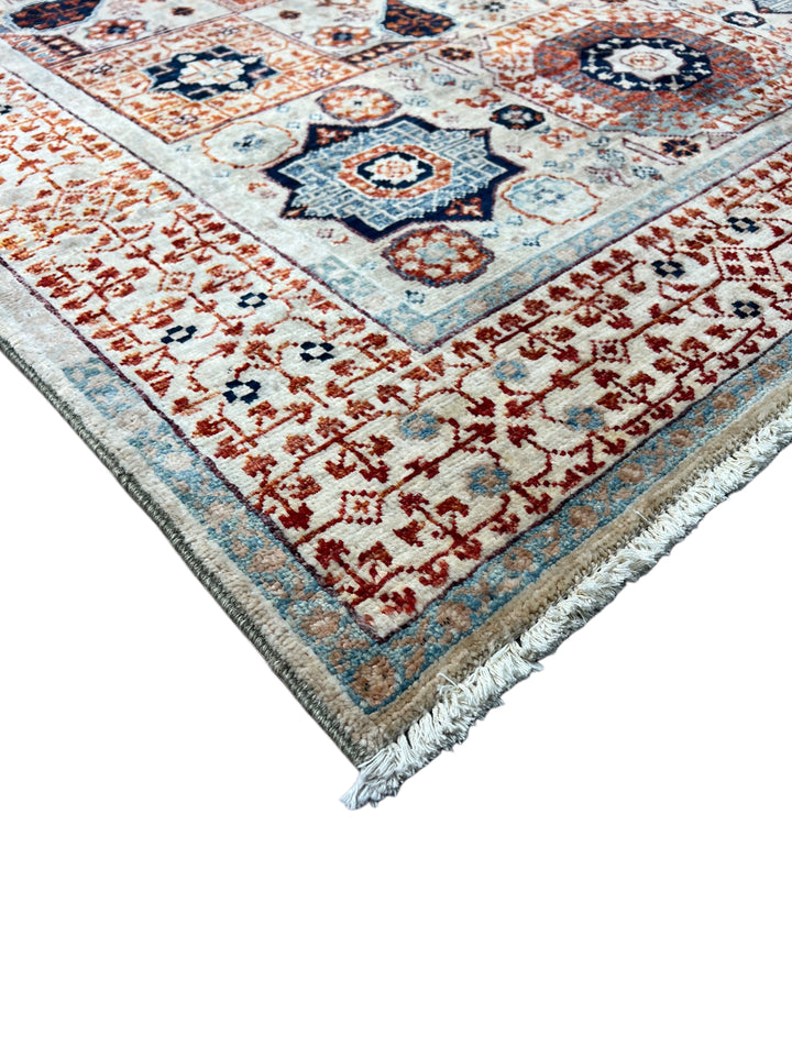 Ivory, Navy &amp; Rust Mamluk Style Wool Rug – 4’0” x 5’10”