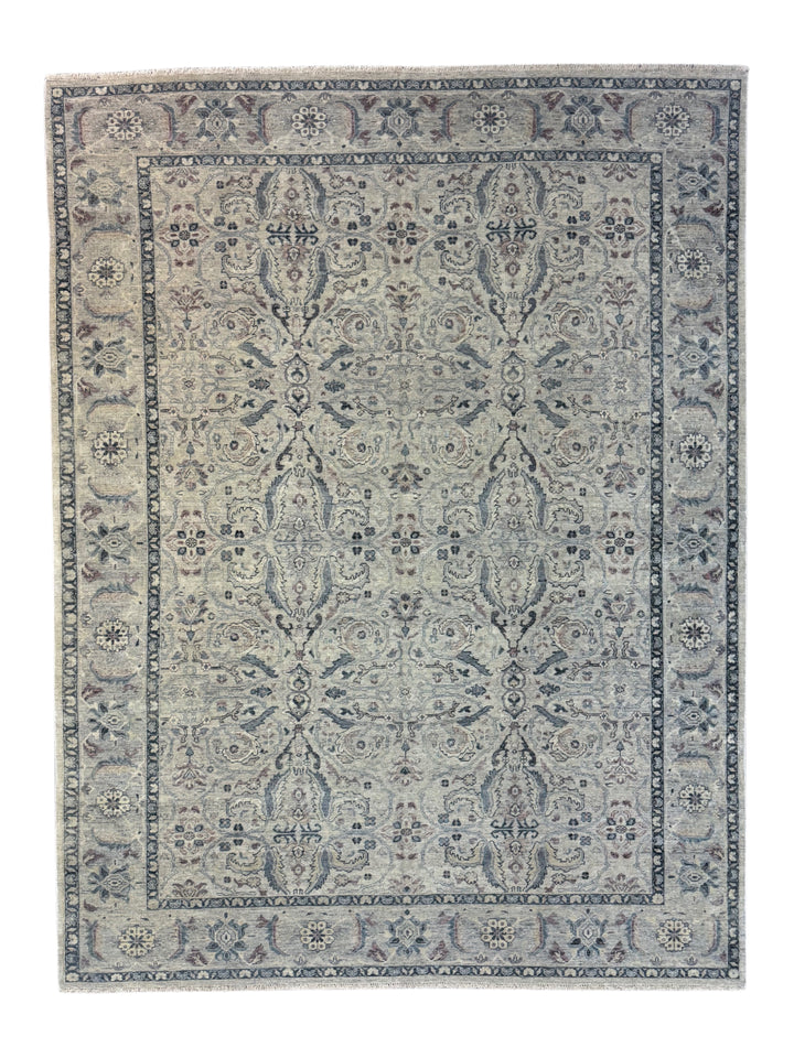 Warm Grey &amp; Slate Blue Antique-Inspired Floral Rug – 9’0” x 11’10”