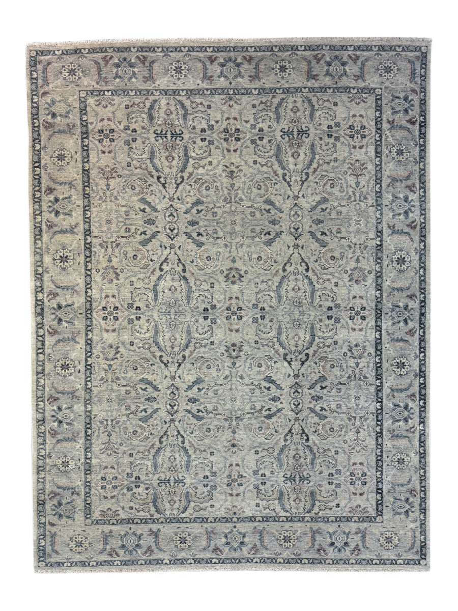 Warm Grey & Slate Blue Antique-Inspired Floral Rug – 9’0” x 11’10”