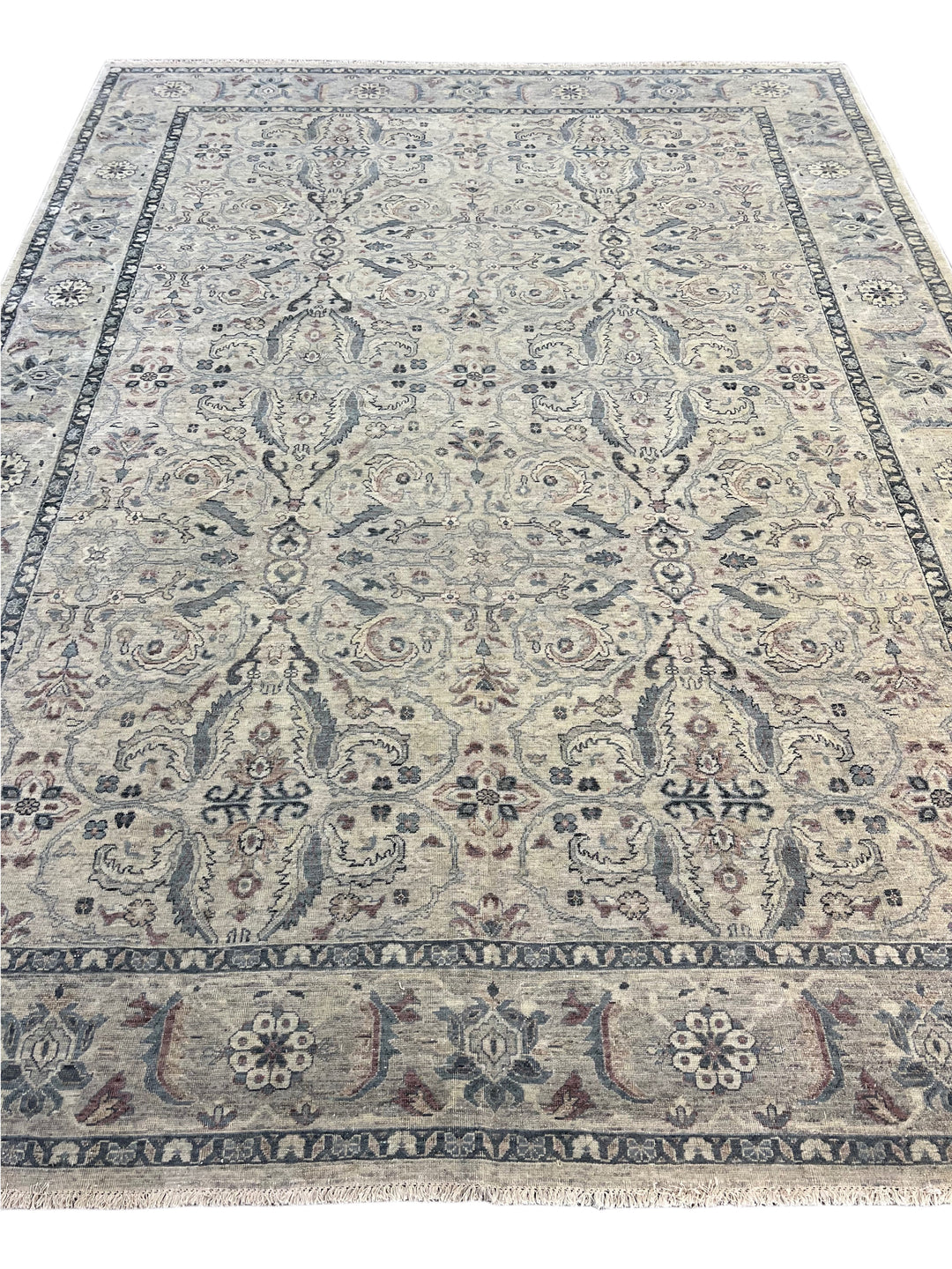 Warm Grey &amp; Slate Blue Antique-Inspired Floral Rug – 9’0” x 11’10”