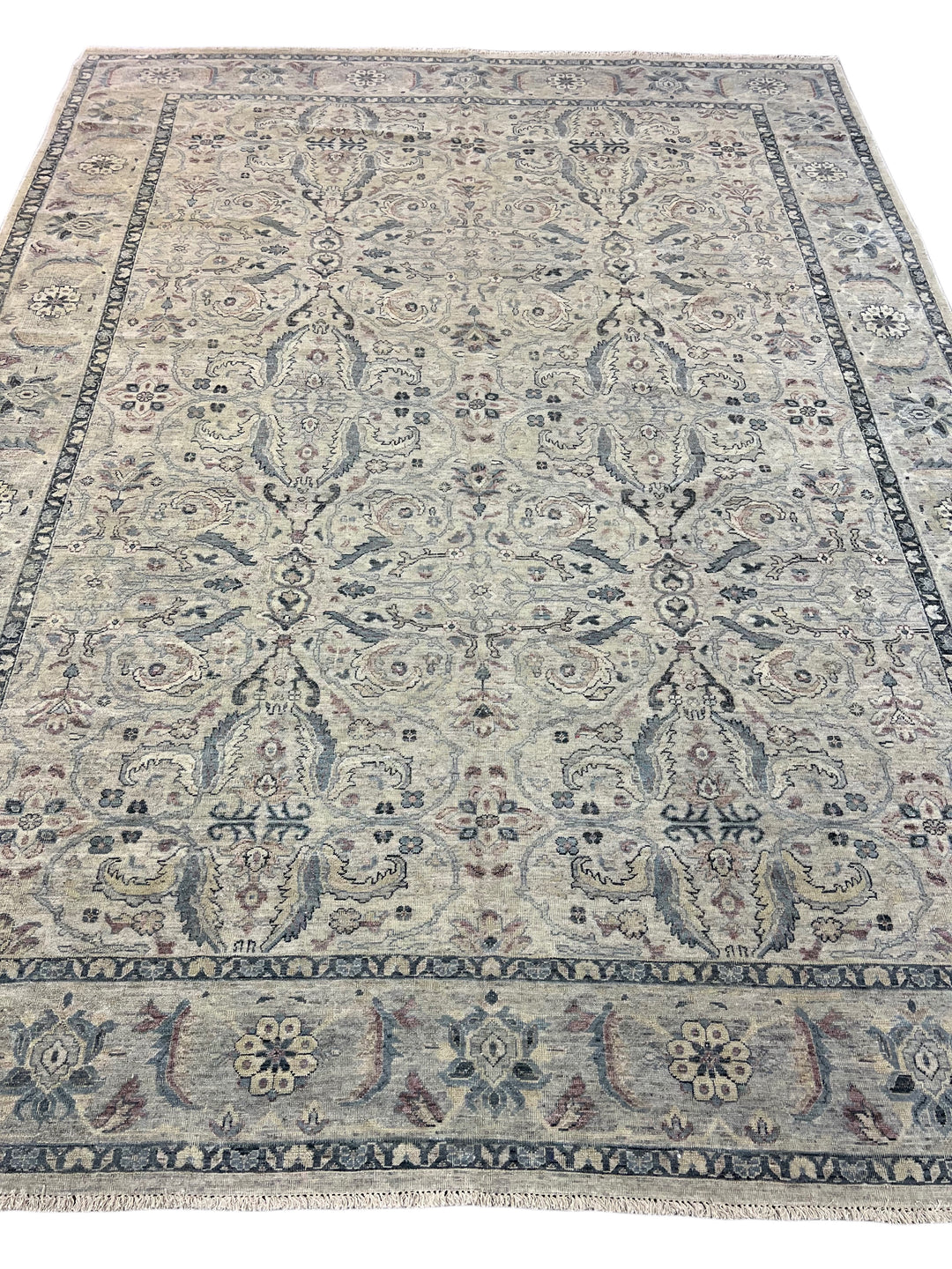 Warm Grey &amp; Slate Blue Antique-Inspired Floral Rug – 9’0” x 11’10”
