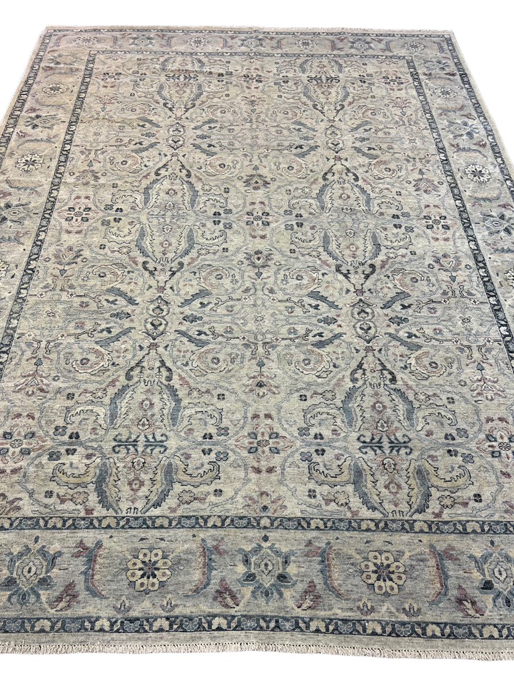 Warm Grey &amp; Slate Blue Antique-Inspired Floral Rug – 9’0” x 11’10”