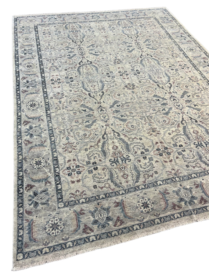 Warm Grey &amp; Slate Blue Antique-Inspired Floral Rug – 9’0” x 11’10”