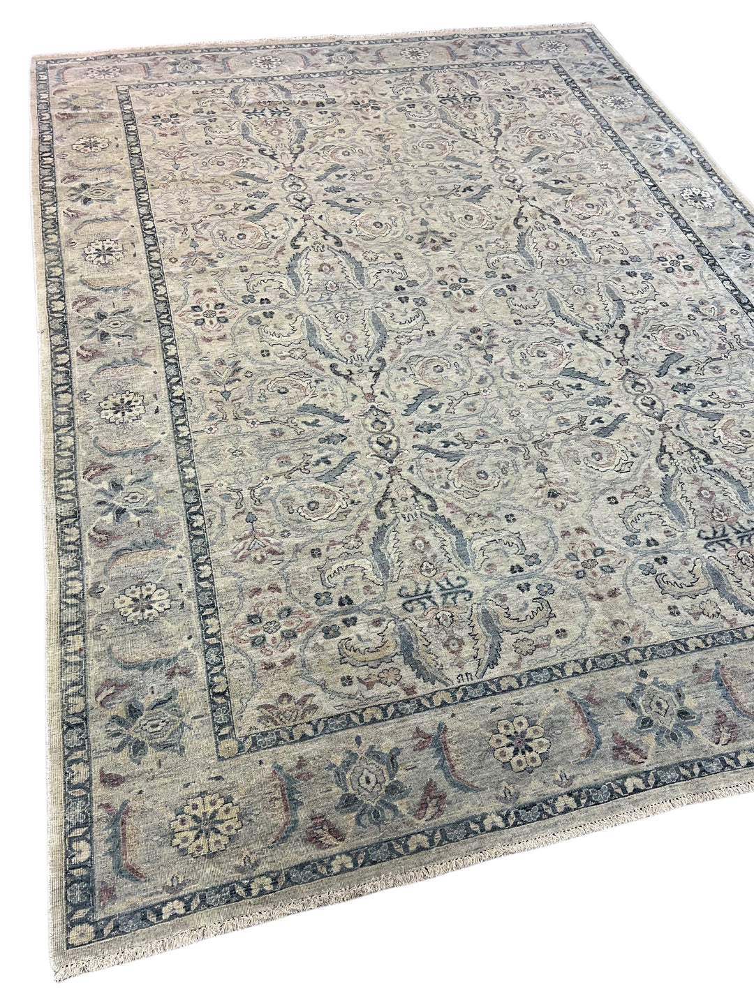 Warm Grey &amp; Slate Blue Antique-Inspired Floral Rug – 9’0” x 11’10”