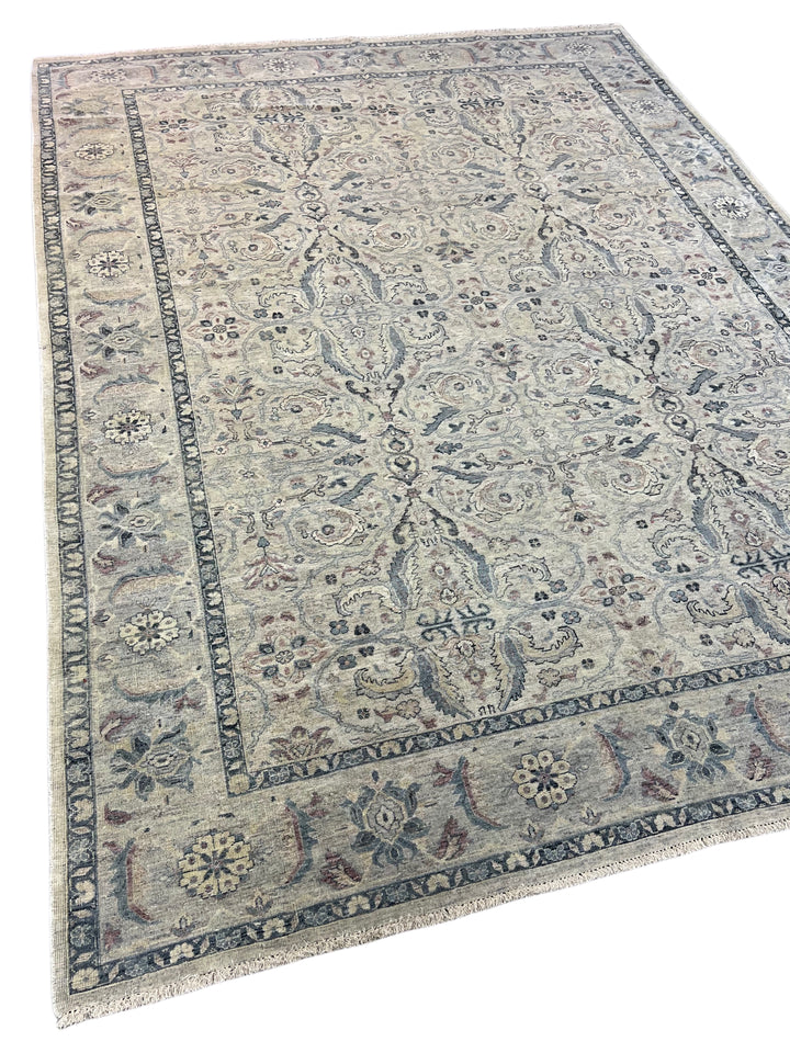 Warm Grey &amp; Slate Blue Antique-Inspired Floral Rug – 9’0” x 11’10”
