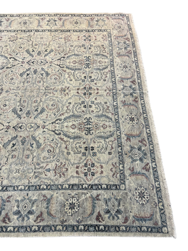 Warm Grey &amp; Slate Blue Antique-Inspired Floral Rug – 9’0” x 11’10”